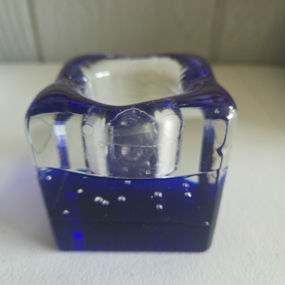 Mexico Art Glass Tea Light/Votive Candle Holder Cobalt Blue Clear Cube
